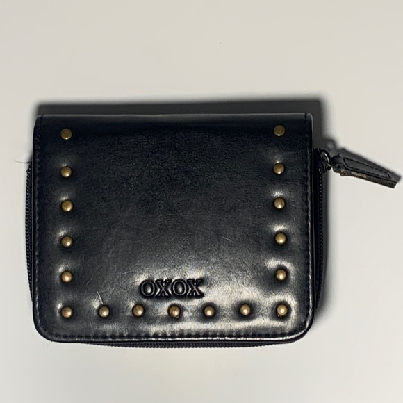 XOXO black leather wallet with brass‎ stud detail.  Multiple sections.  EUC. - Picture 1 of 7